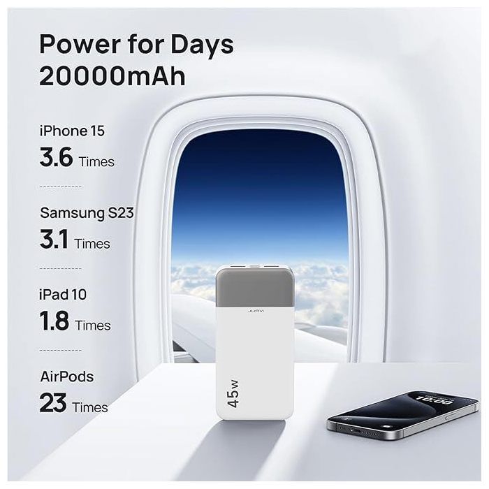 Batterie Externe 20000mAh 45W JUOVI, Power Bank 4 Ports USB-C PD & USB-A, Recharge Rapide, Écran LED, Compatible Voyage, Blanc