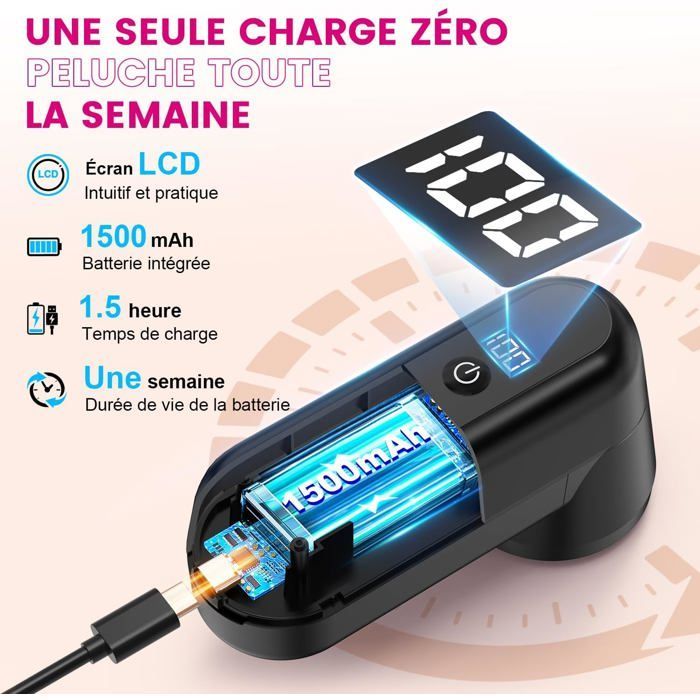 Rasoir Anti Bouloche Électrique Écran LCD, 2 Niveaux de Puissance Réglables, Tête à 6 Lames Fraise à Peluches,Type-C