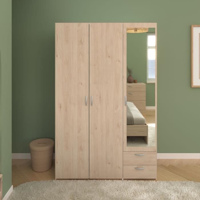 Chambre complète adulte VARIA - Lit 140x190/200 + 2 chevets + 1 commode + 1 armoire avec miroir - Décor Chêne - PARISOT