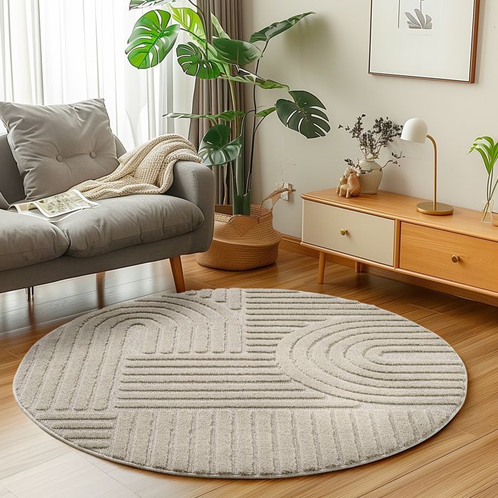 Carpetsale24 Beige 160cm Round Bohemian Scandinavian Style Living Room or Bedroom Rug with High-Low Effect Decorative Rug