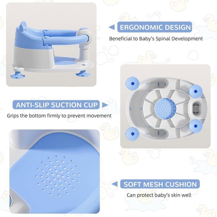 Asiento de baño para bebés de 6 meses en adelante, asiento de baño antideslizante con 4 ventosas y cojín, silla de baño, azul