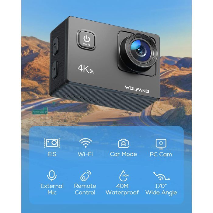 Câmera de ação WOLFANG GA100 - 4K 30 FPS com microfones duplos e acessórios