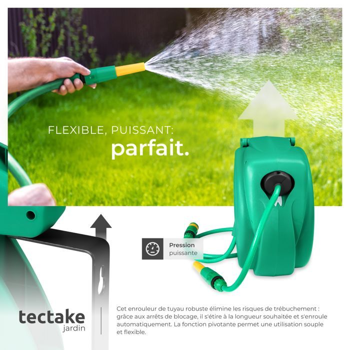 Enrollador de manguera - TECTAKE - Enrollador de manguera de jardín con soporte automático para manguera de 10 m - Azul