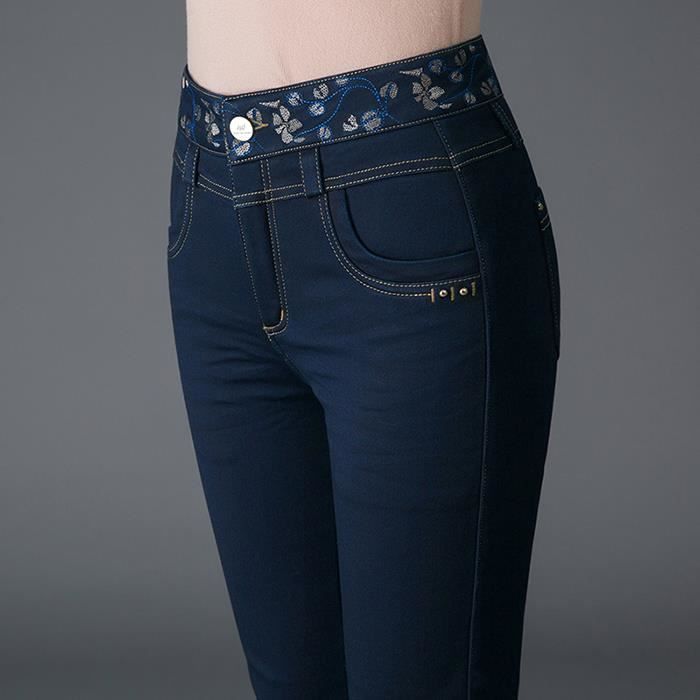 Jeans Femmes - FUNMOON - Taille Haute - Bleu - Coton - Style Occasionnel