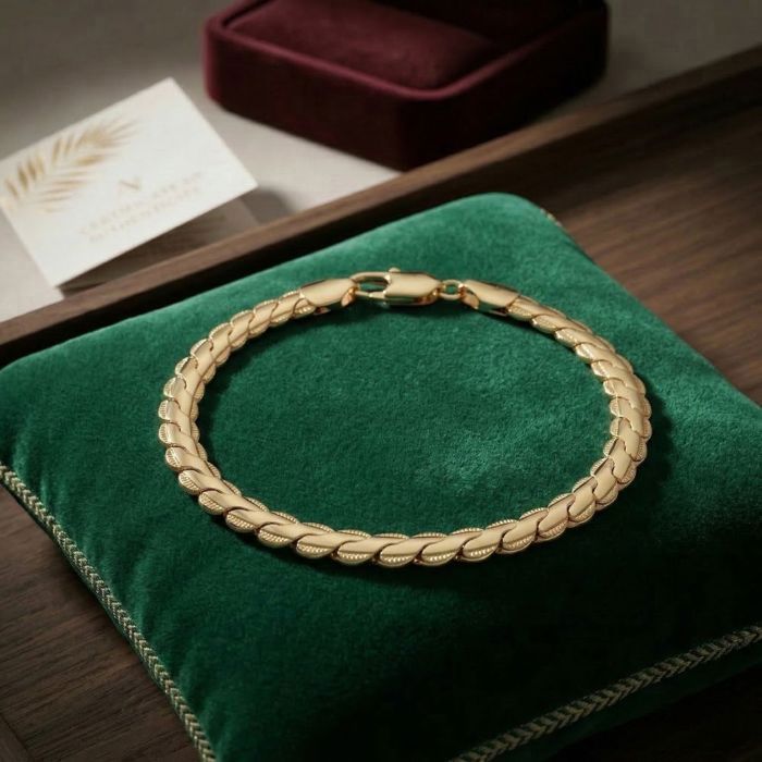 Bracelet - Maille Plate - Palmier - Plaqué Or Jaune 750/1000 - 19 cm - Largeur 6 mm - Femme