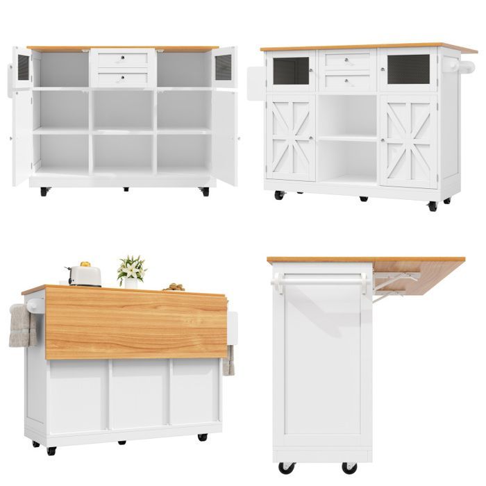Kitchen Island - GENERIC - 140x70x93.5 cm - Extendable Top - 360° Wheels (2 with brakes) - Integrated Storage