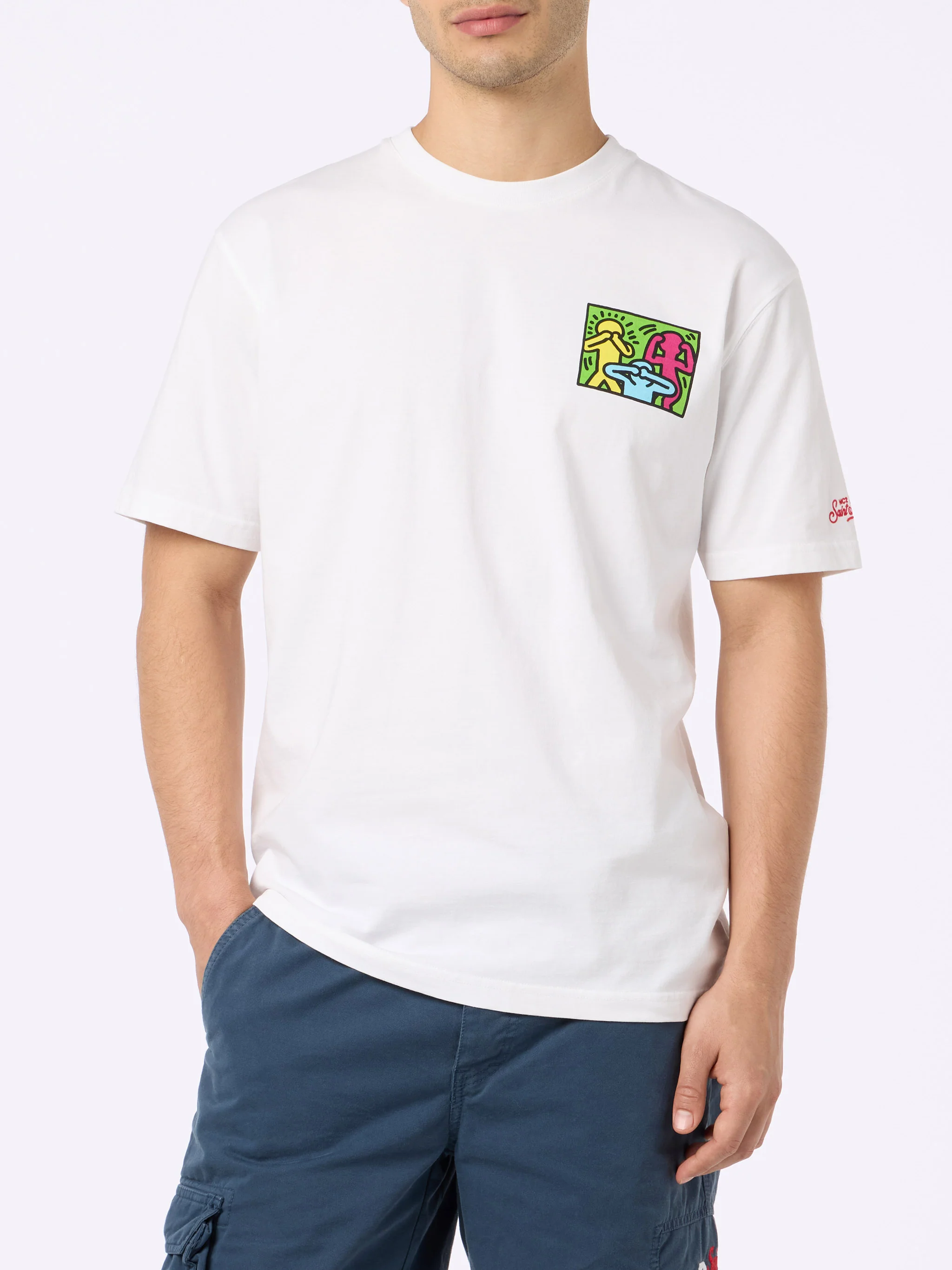 T-shirt da uomo in cotone con stampa fronte e retro del disegno Keith