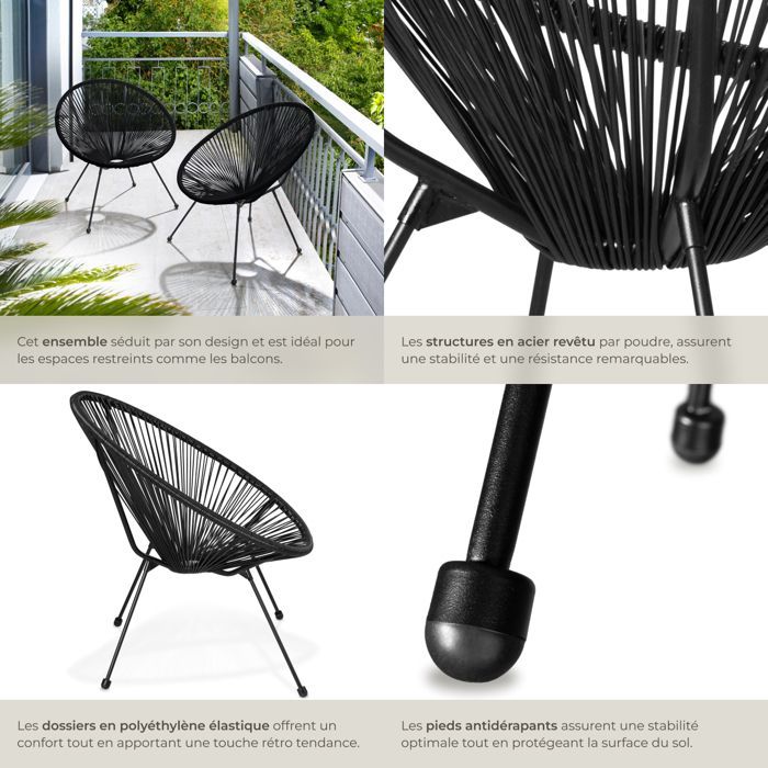 Garden chairs - TECTAKE - Set of 2 SANTANA garden chairs with elastic polyethylene rope, 70.5 x 69 x 78 cm - Black