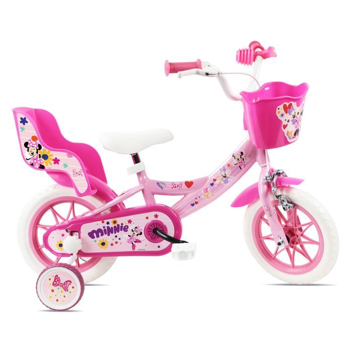 Vélo enfant 12'' Minnie / Disney Fille ( taille < 90/95 cm ), Rose & Blanc, équipé d'un porte-poupée, panier avant + Casque Minnie !
