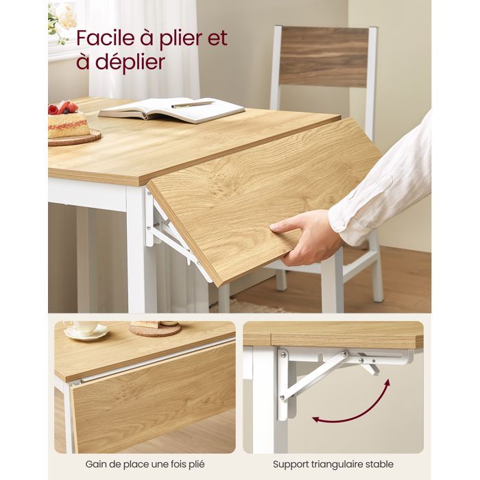Mesa de comedor plegable VASAGLE, extensible, para 2 a 4 personas, con alas abatibles, roble natural y blanco nube.