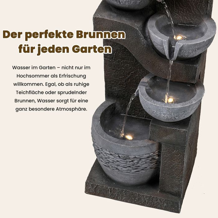 Fuente de jardín con iluminación LED - Aspecto de piedra natural - Bomba de agua integrada - Iluminación LED