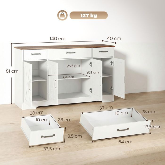 Aparador de cocina - HOMCOM - 4 puertas correderas, 3 cajones y estantes ajustables - madera - 140 x 40 x 81 cm - blanco