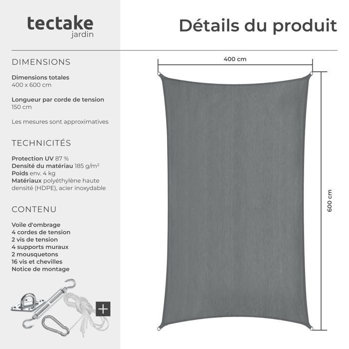 Vela de sombra - TECTAKE - SUNNY para exteriores, protección solar en HDPE resistente al desgarro con protección UV impermeable, 4x6m - Gris