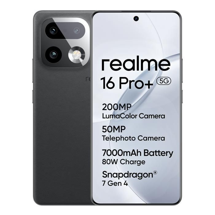 realme 16 Pro+ 5G Smartphone 12+512 GB, 200MP LumaColor Camera, 7000mAh Battery, 80W SuperVOOC Charging, IP69K, Gray
