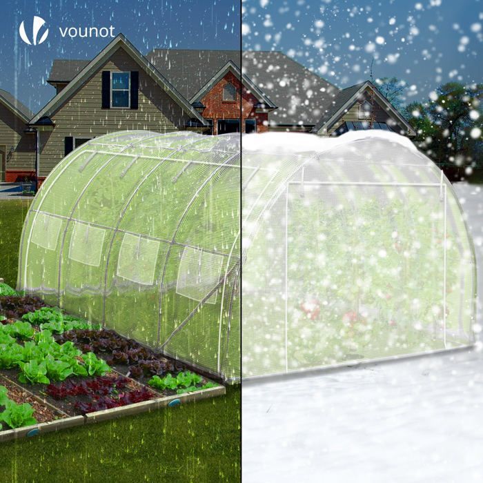VOUNOT® Serre de jardin tunnel Toute Saison 12m² blanc - acier galvanisé - fenêtres et portes latérales zippées enroulables