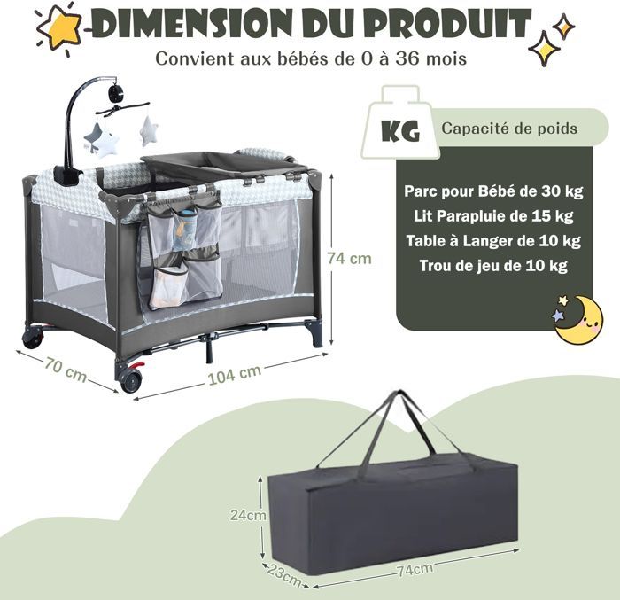 Cuna de viaje plegable 3 en 1 para bebés de 0 a 36 meses, cama de viaje con colchón, cambiador, caja de música y juguetes colgantes.
