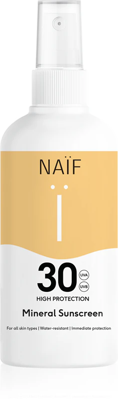 Protetor solar mineral Naif Sun FPS 30 em spray.