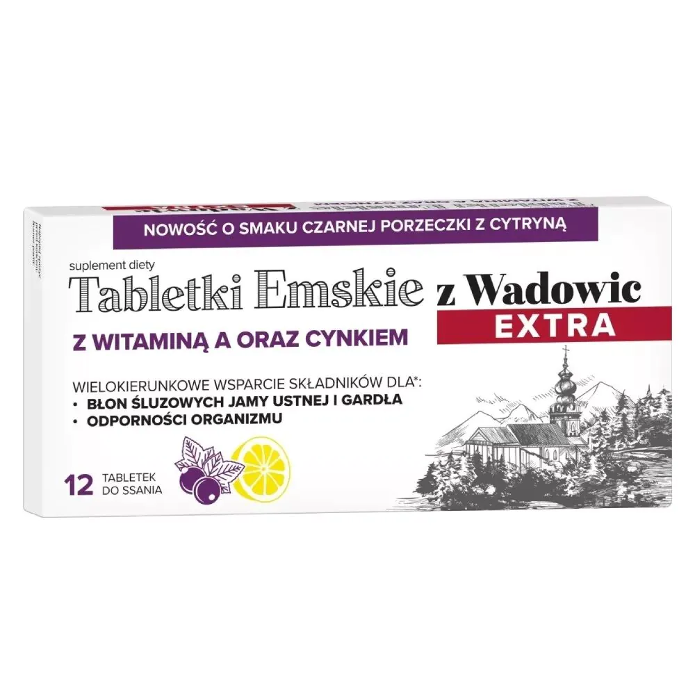 Tabletki Emskie z Wadowic Extra z witaminą A i cynkiem Smak czarna porzeczka z cytryną 12 Tabletek do ssania