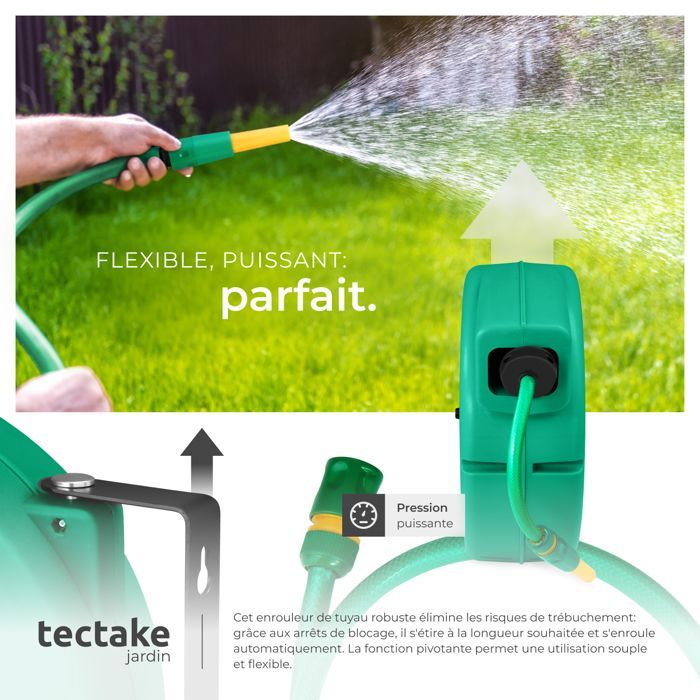Enrouleur - TECTAKE - Dévidoire pour jardin avec support de tuyau d'arrosage automatique de 20 m - Vert