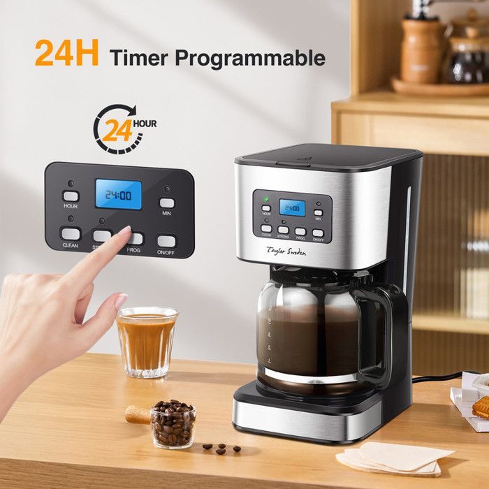 Taylor Swoden Cafetiere Filtre, Programmable 24h Cafetiere Electrique 1,5L  12 tasses, Machine a Cafe Maintien au Chaud