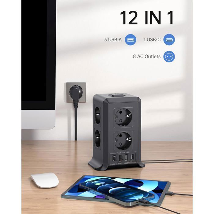 Regleta USB con protección contra sobretensiones, 8 tomas de corriente + 4 puertos USB, protección contra sobretensiones/rayos, cable de 2 metros.