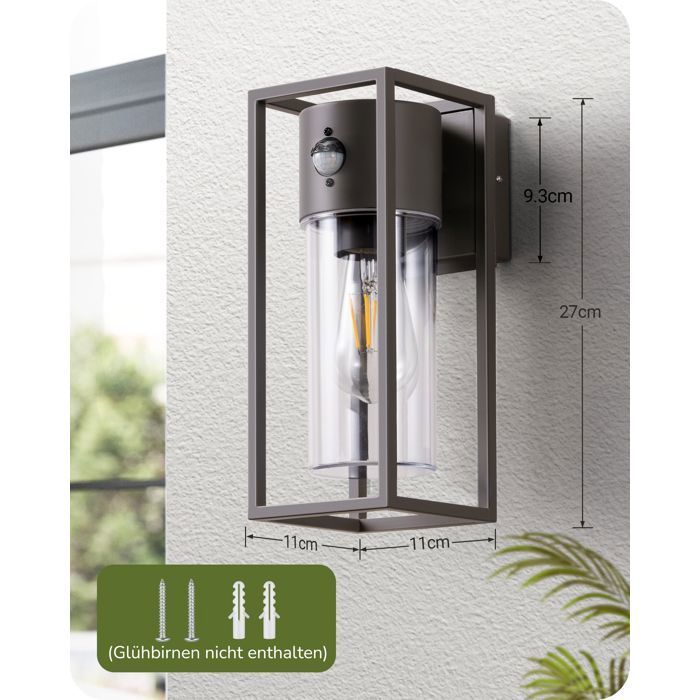 EDISHINE Applique Murale Extérieure avec Détecteur de movement, Étanche IP44, Douille E27, Ampoule non Incluse, Gris Foncé