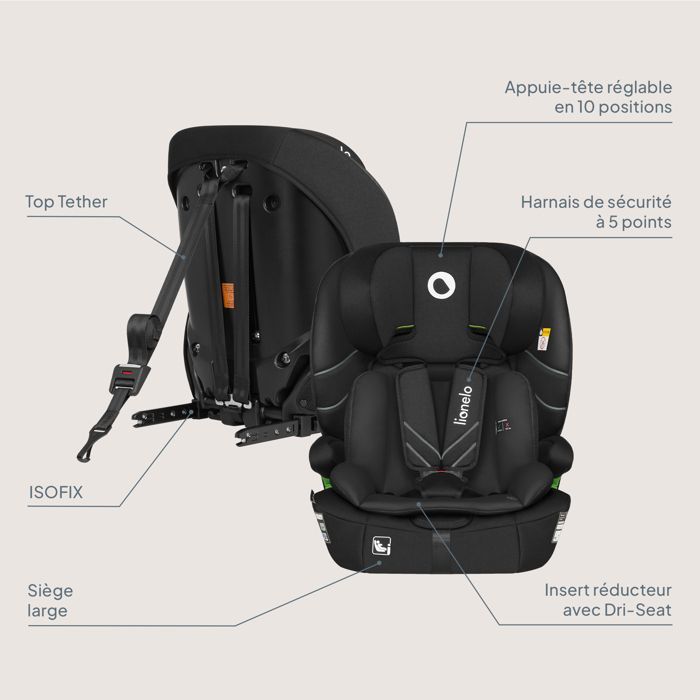 Seggiolino auto convertibile LIONELO Levi Fix i-Size - ISOFIX - 76-150 cm - Seduta larga - Gruppo 1/2/3 - Nero