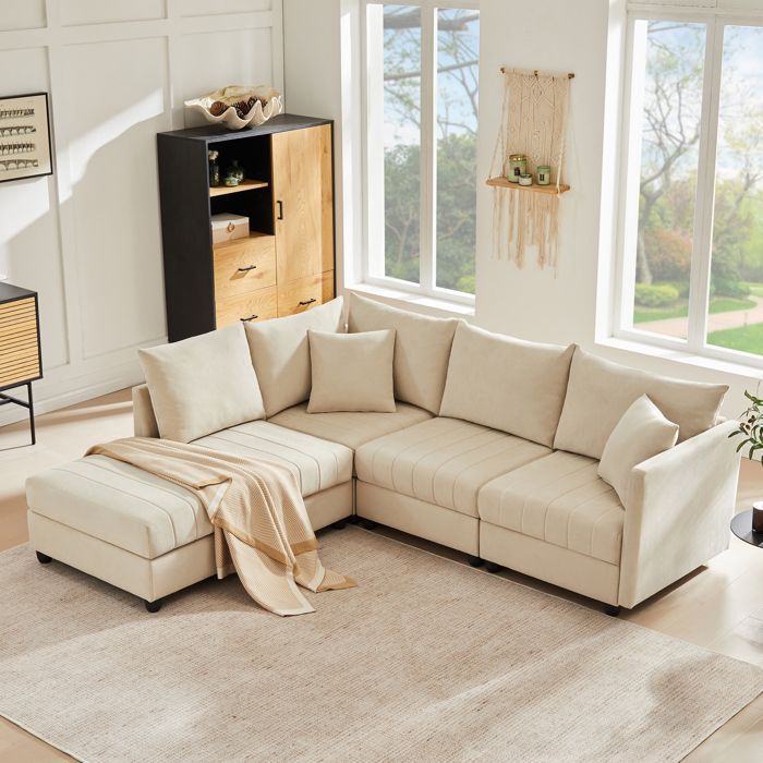 Canapé d'angle moderne, canapé cinq places avec pouf convertible, design modulable, coton et lin,convient aux salons et appartements