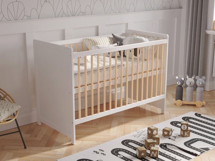 Lit Bebe Evolutif en Bois Pin Blanc 120x60cm, Lit Pour Bebe Transformable en Un Canapé-lit avec Une Barrière de Sécurité