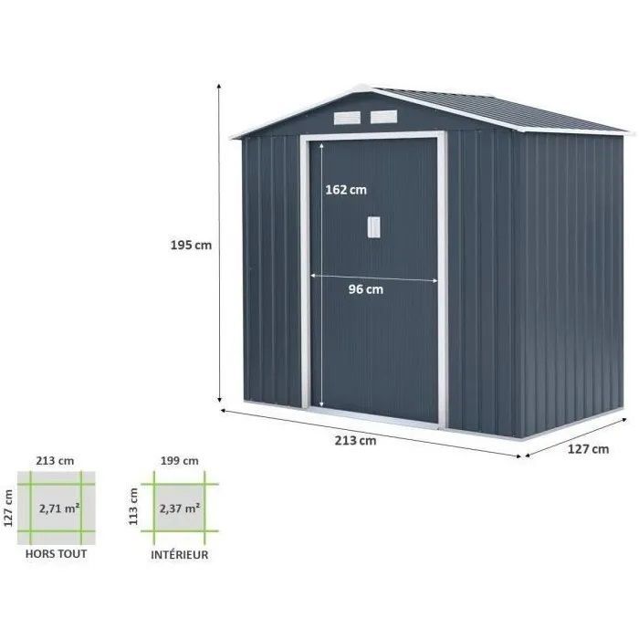 Metalen tuinschuur 2,71 m² - 213 x 127 x 195 cm - PLUTON - Inclusief verankeringsset, 2 schuifdeuren - Grijs