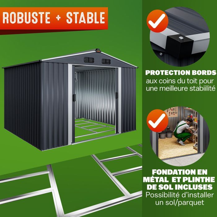 GARDEBRUK® Abri de jardin métal XXL 5m² fondation 260x205x180cm porte coulissante anthracite-métallique cabane de jardin cabanon