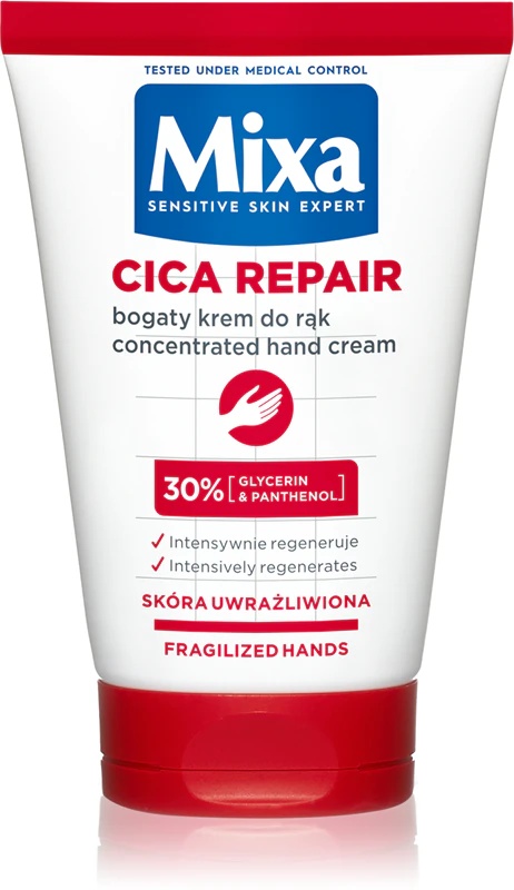 „Mixa Cica Repair+“ regeneruojamasis rankų kremas su intensyviomis drėkinamosiomis savybėmis.