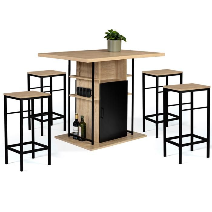 IDMARKET Isla de cocina central de 110 cm con efecto madera negra y haya y 4 taburetes de diseño industrial.