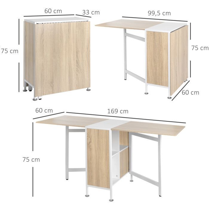 Mesa de cocina plegable - HOMCOM - Mesa de comedor para 4 personas con 4 nichos integrados, ideal para espacios pequeños - MDF - 169x62x75cm - roble blanco