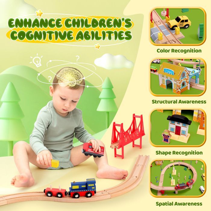 Set trenino Montessori in legno da 108 pezzi per bambini - TTLIFE - Vagone trenino per bambini, con 4 vagoni e binari, giocattolo regalo di Natale