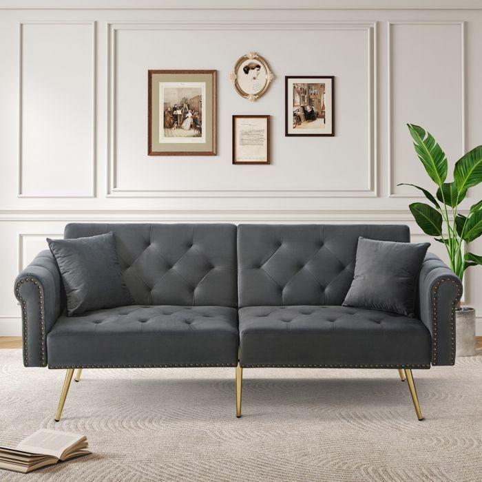 Sofá convertible - RAVAS - Sofá de 2 plazas - Terciopelo gris - Respaldo ajustable - Espacio de almacenamiento