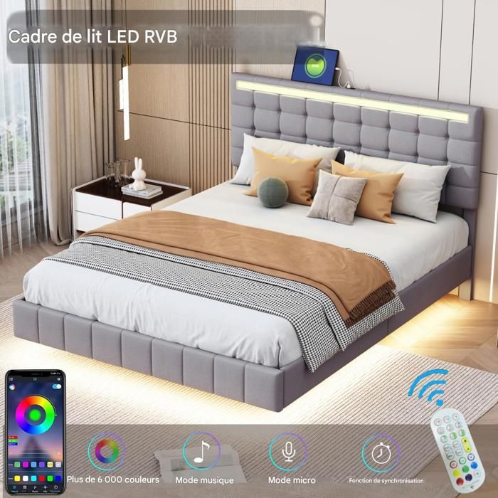 Lit double 140x190 cm - SUNFECILI - Gris - Avec LED et USB - Tissu en lin - Montage requis