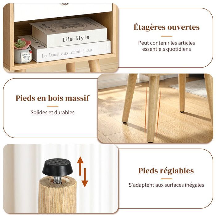Table de Chevet, avec Tiroirs et  Compartiment Ouvert  - ALIGHTUP -  Style Moderne, chêne et Blanc