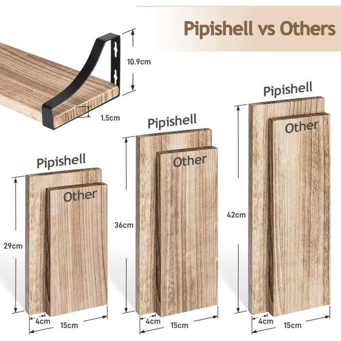 Set van 3 wandplanken van hout en metaal, maximaal 20 kg, voor woonkamer, slaapkamer, kantoor, badkamer of keuken.