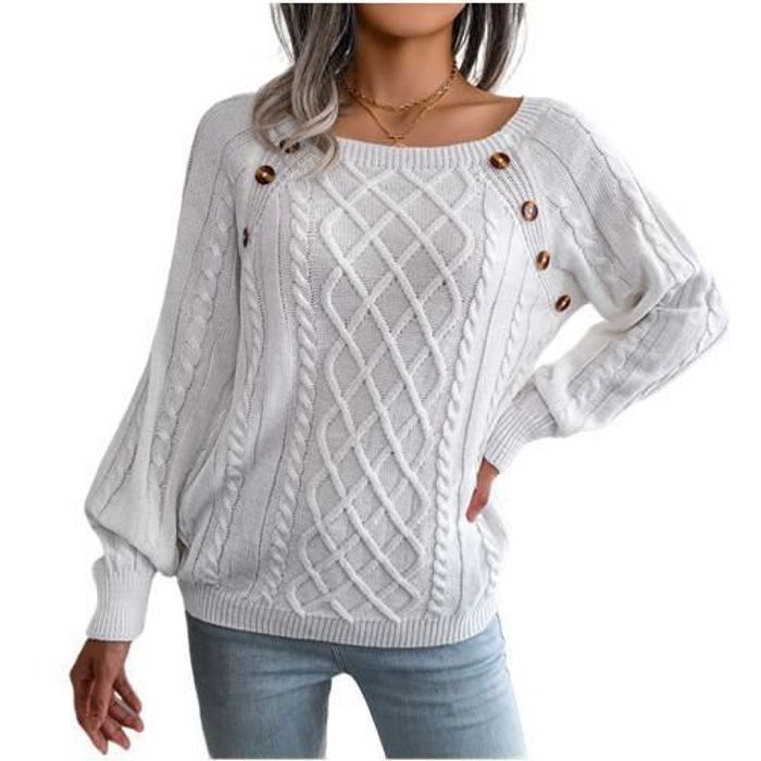 Pull tricoté femme blanc - Automne hiver décontracté - Col carré cloué - Boutonnage