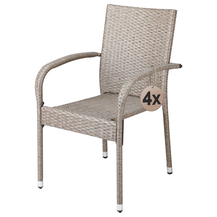 CASARIA® Juego de 4 sillas de jardín apilables de ratán sintético color crema con reposabrazos redondeados, sillas de exterior para patio o balcón.