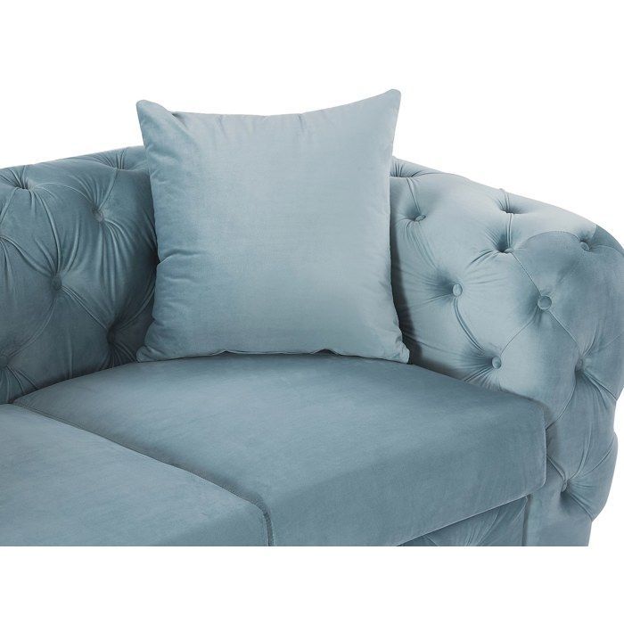 Divano a 3 posti, divano a 2 posti e poltrona Chesterfield in velluto azzurro pastello EDWINA
