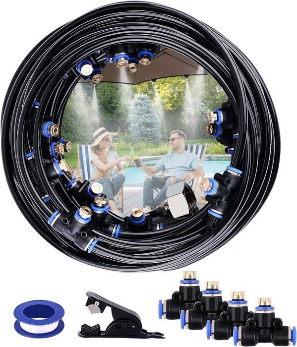 Kit d’Irrigation système de brumisateur extérieur 20m avec 23 Buses de Brume avec Joint en T, système de Refroidissement.[Q1141]