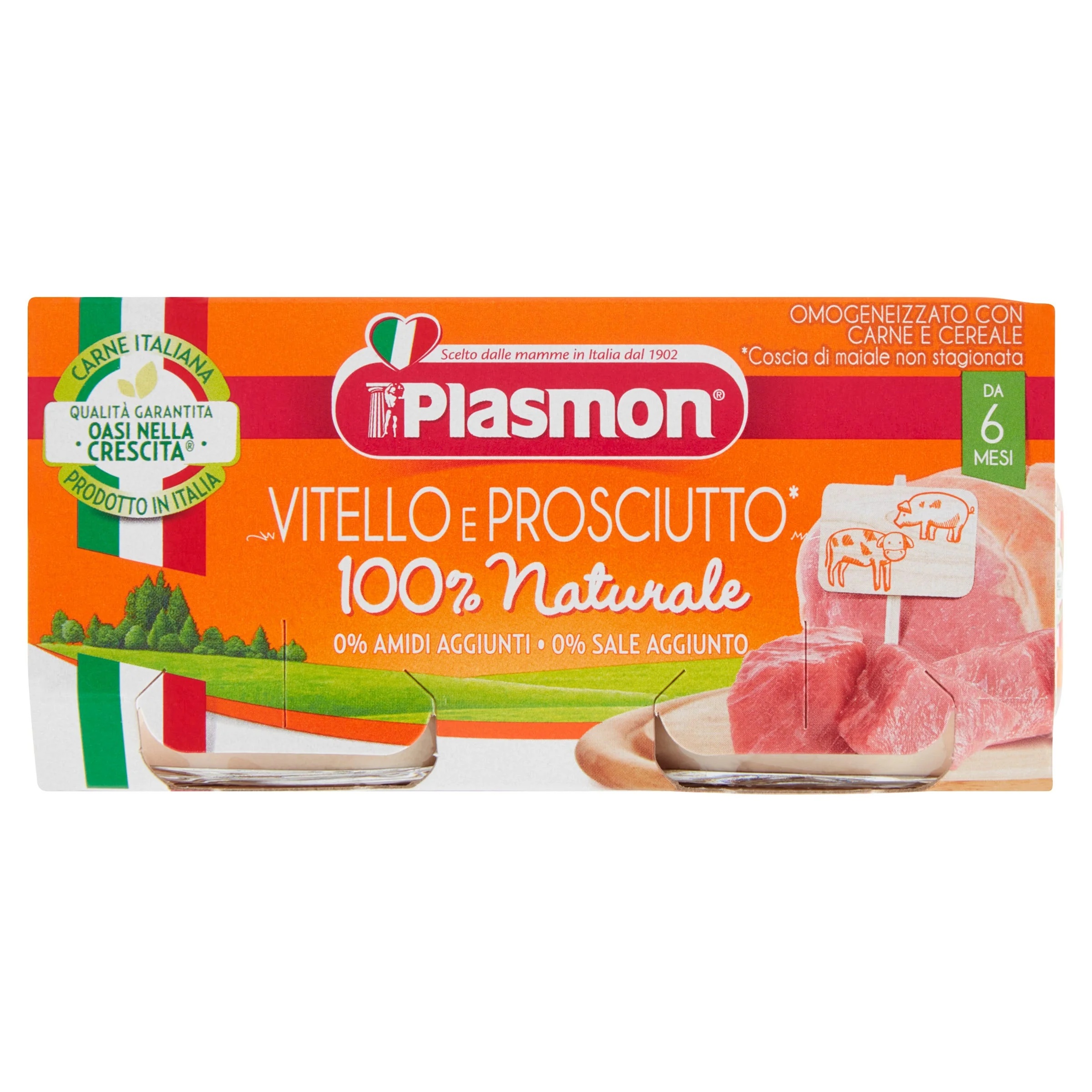 PLASMON Proteína homogeneizada de vitela e presunto Plasmon, 2 frascos de 80 g cada, para alimentação infantil.