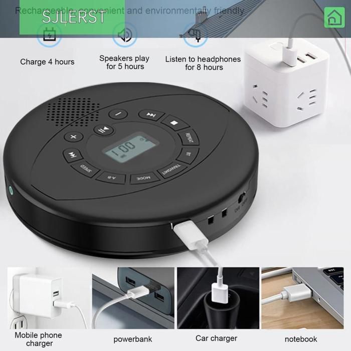 sjlerst lecteur CD rechargeable Lecteur CD Portable 1500mAh, lecteur de musique CD Rechargeable, Support CD cd-rw MP3 son baladeur
