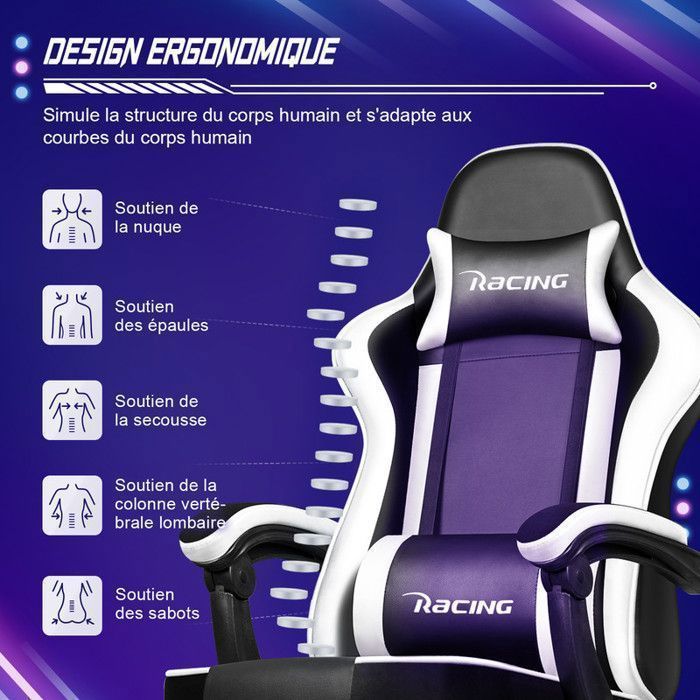 Gaming Chair, Ergonomic Gaming Chair (with footrest, headrest, lumbar cushion) - (black and white)