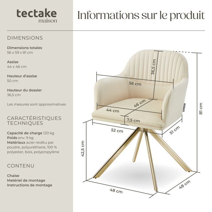 Chaise - TECTAKE - Fauteuil LONA pivotant à 360° avec rembourrage épais et dossier arrondi 56 x 59 x 81 cm - Crème/Or