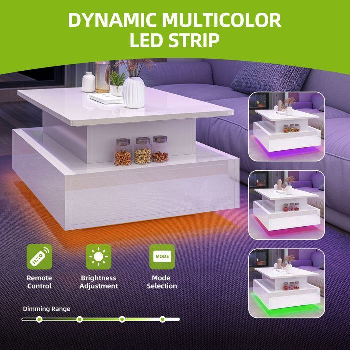 YITAHOME Table Basse Relevable, Table de Salon Rectangulaire avec LED 16 colorées et 2 Tiroirs, Surface avec Lumière Elevée, Blanc