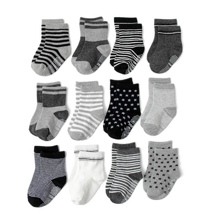 Calcetines de algodón para bebé niño, 12 pares, antideslizantes a rayas - Negro, blanco, gris