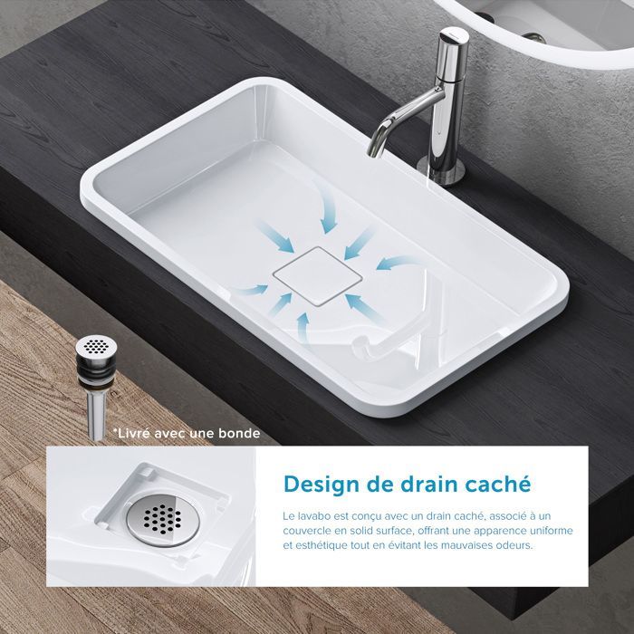 Lavabo empotrado Doporro, blanco, 53 x 33 x 10,5 cm, lavabo rectangular con tapa de desagüe, Colossum104